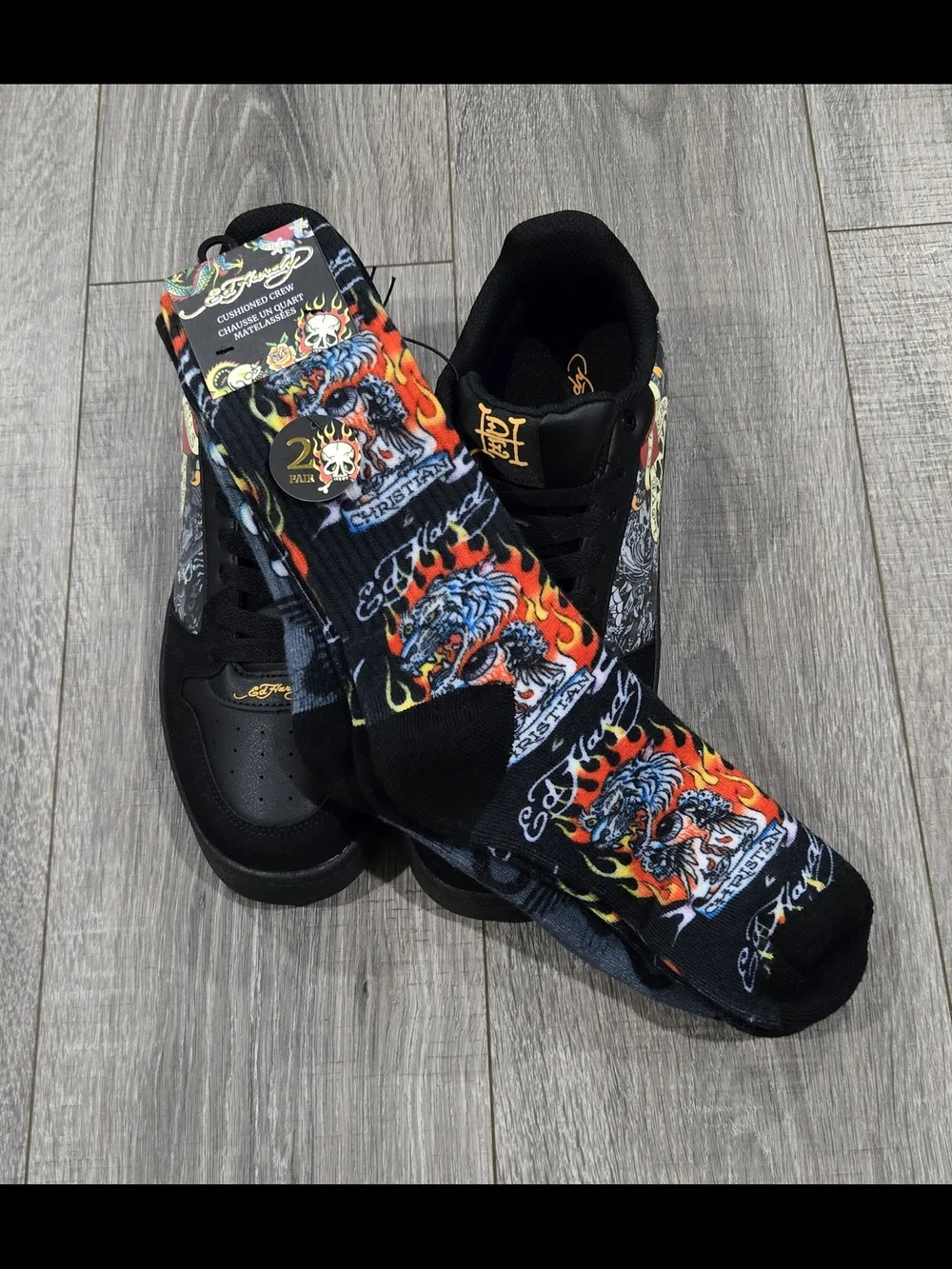 Ed Hardy Black Low-Top Sneakers with Multicolor Graphic Panels & Socks Combo#352 - Picture 4 of 10